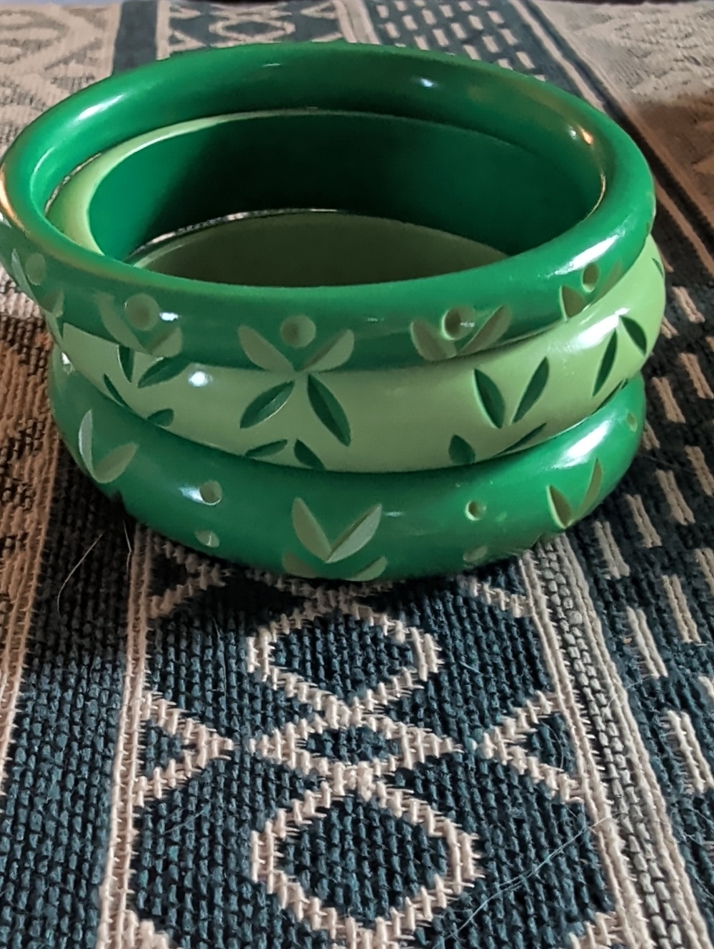 Splendette "Spring" And "Summer" Green Carved Resin Bangle Bracelet Set